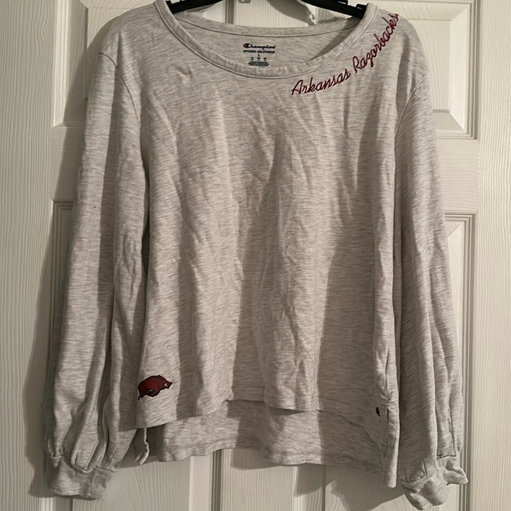 Champion Womens Arkansas Razorbacks L Gray Long-Sleeve Shirt Puff Sleeves
